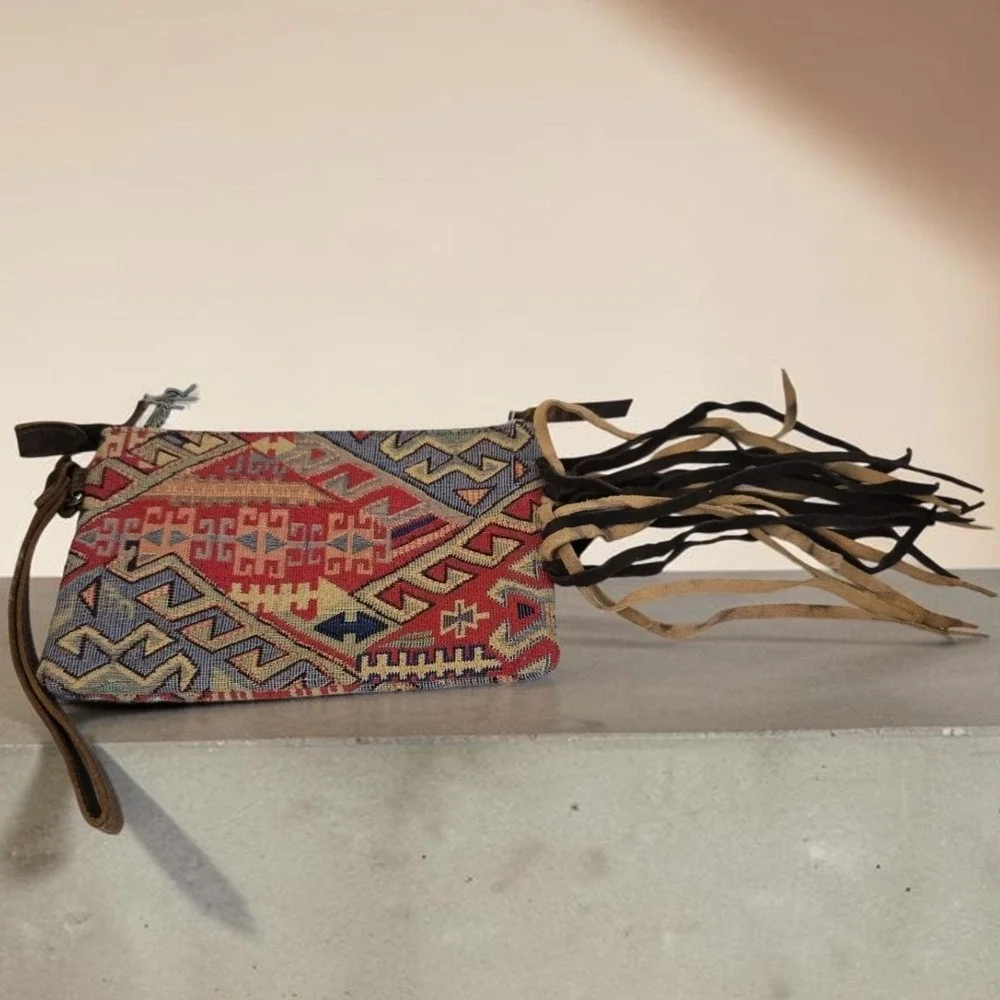 Angel Ranch Taylor Wristlet Clutch Suede Fringe Geometric Multicolor Western